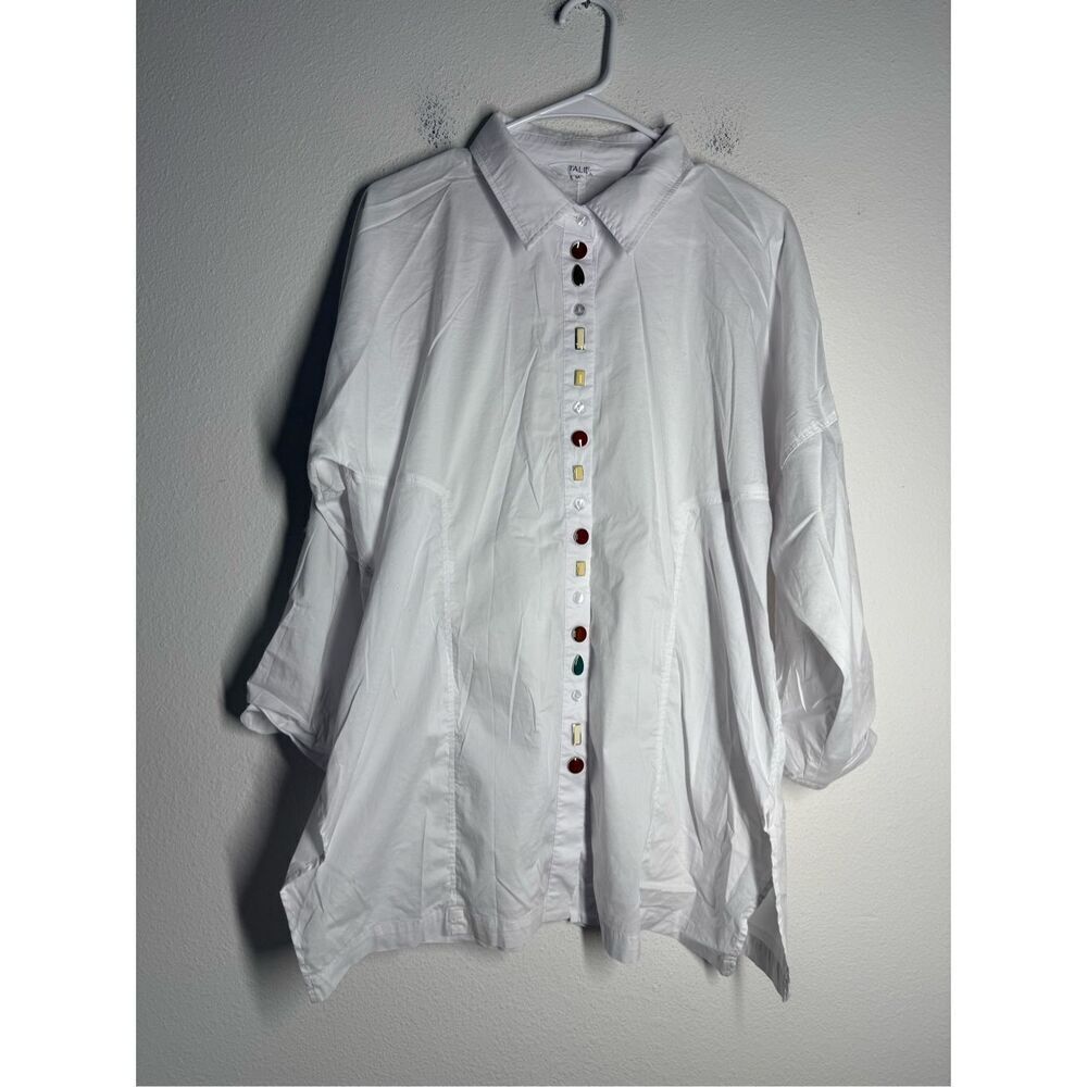 TALIE Women’s Luxury Cotton Blend Button Down White Shirt Long Sleeve Size M